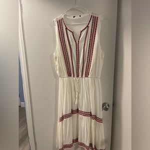 Midi length dress- white with navy and red embroidered detail